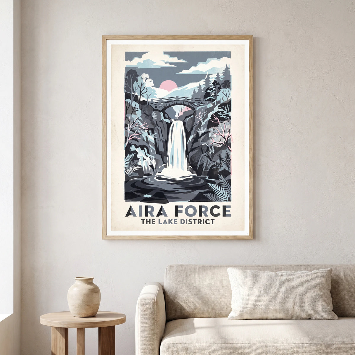 Aira Force travel poster in a natural frame, hanging in a living