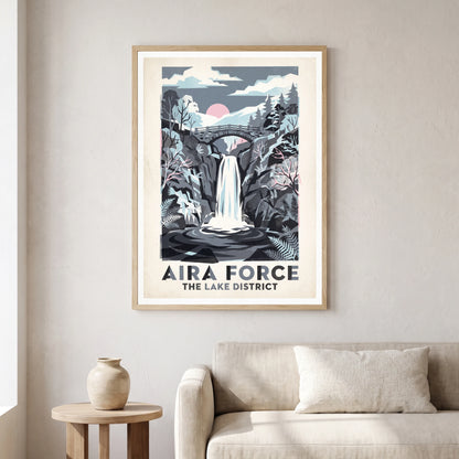 Aira Force travel poster in a natural frame, hanging in a living