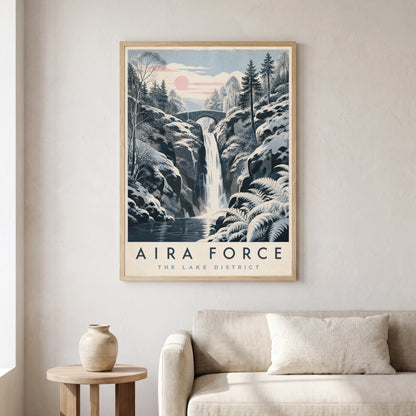 Aira Force travel poster in a natural frame, hanging in a living