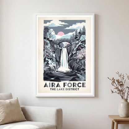 Aira Force travel poster in a white frame, hanging in a living2