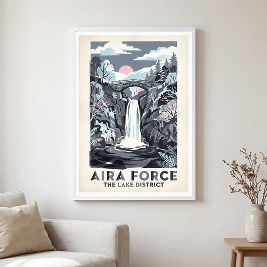 Aira Force travel poster in a white frame, hanging in a living2