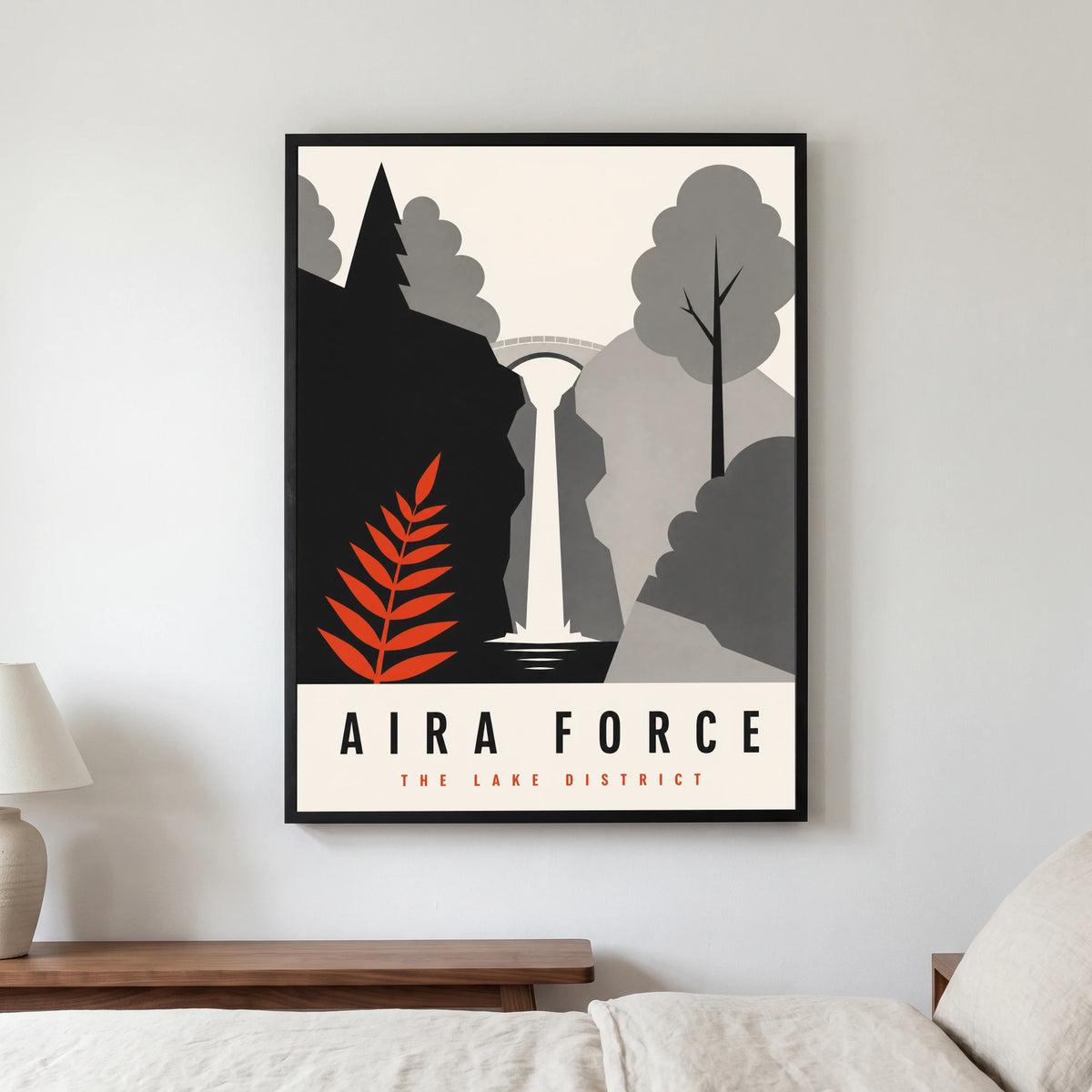 Aira Force travel poster in a black frame, hanging in a bedroom3