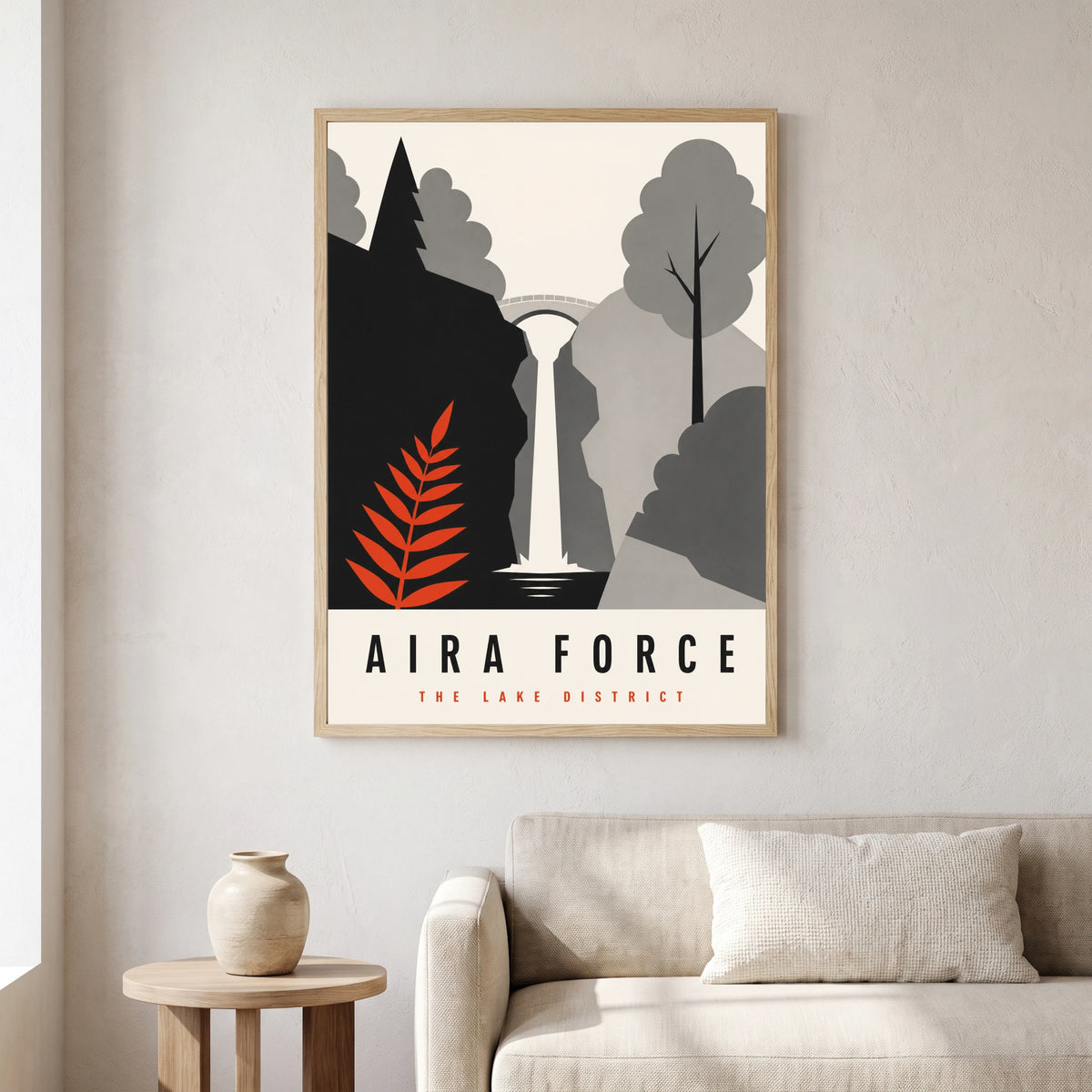 Aira Force travel poster in a natural frame, hanging in a living