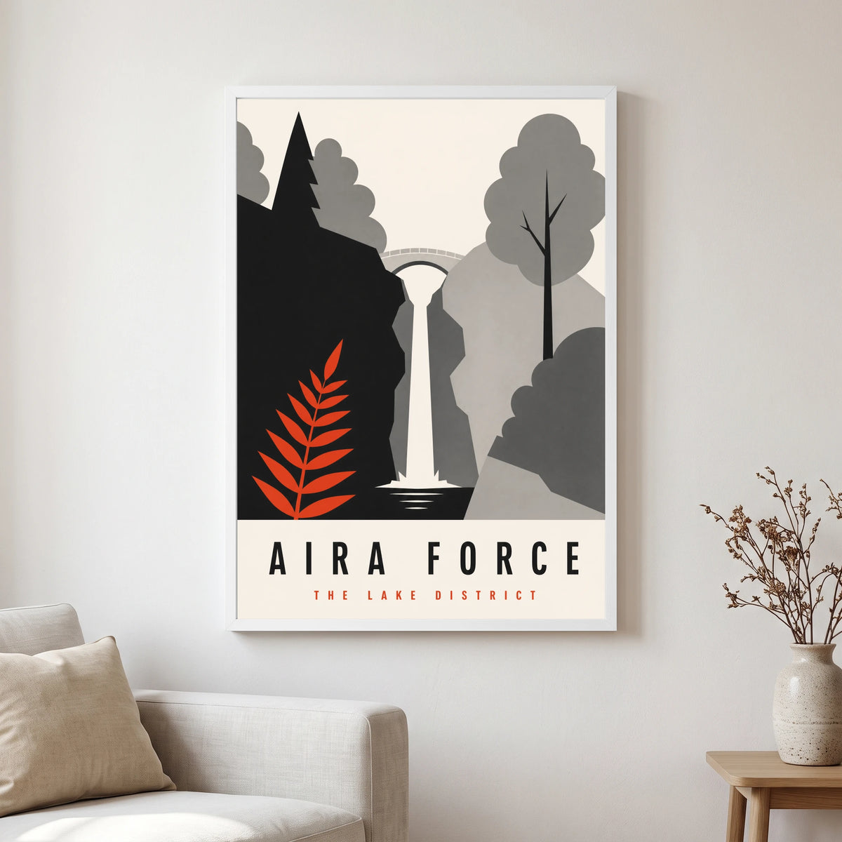 Aira Force travel poster in a white frame, hanging in a living2