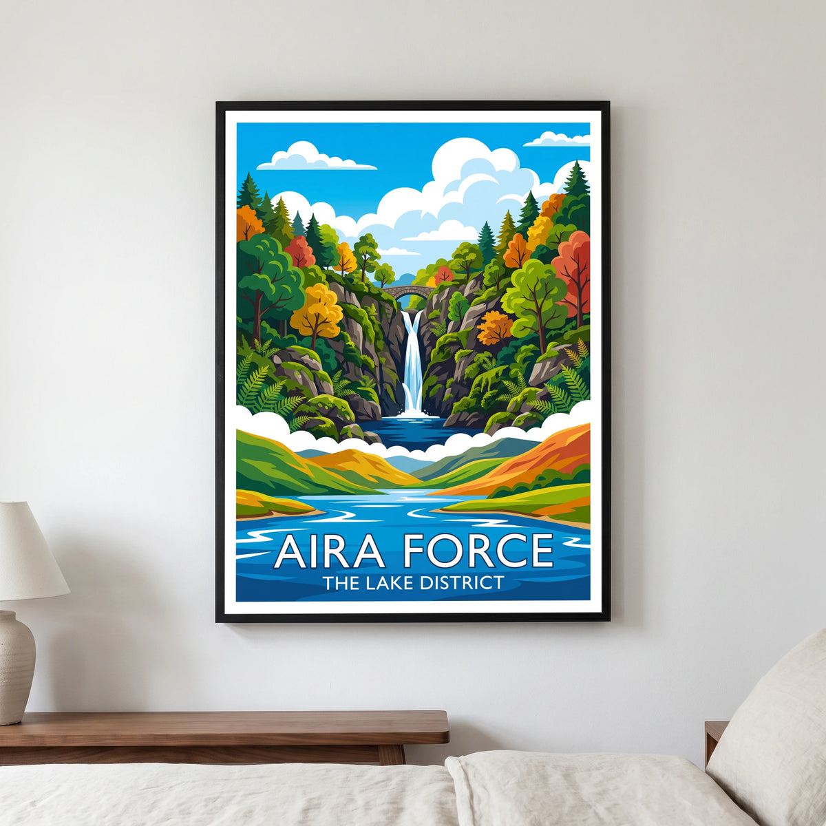Aira Force travel poster in a black frame, hanging in a bedroom3