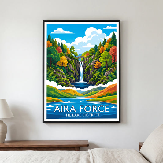 Aira Force travel poster in a black frame, hanging in a bedroom3