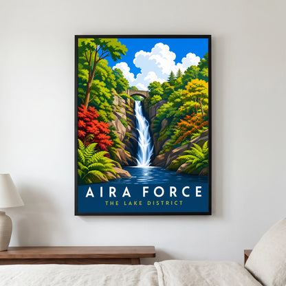 Aira Force travel poster in a black frame, hanging in a bedroom3