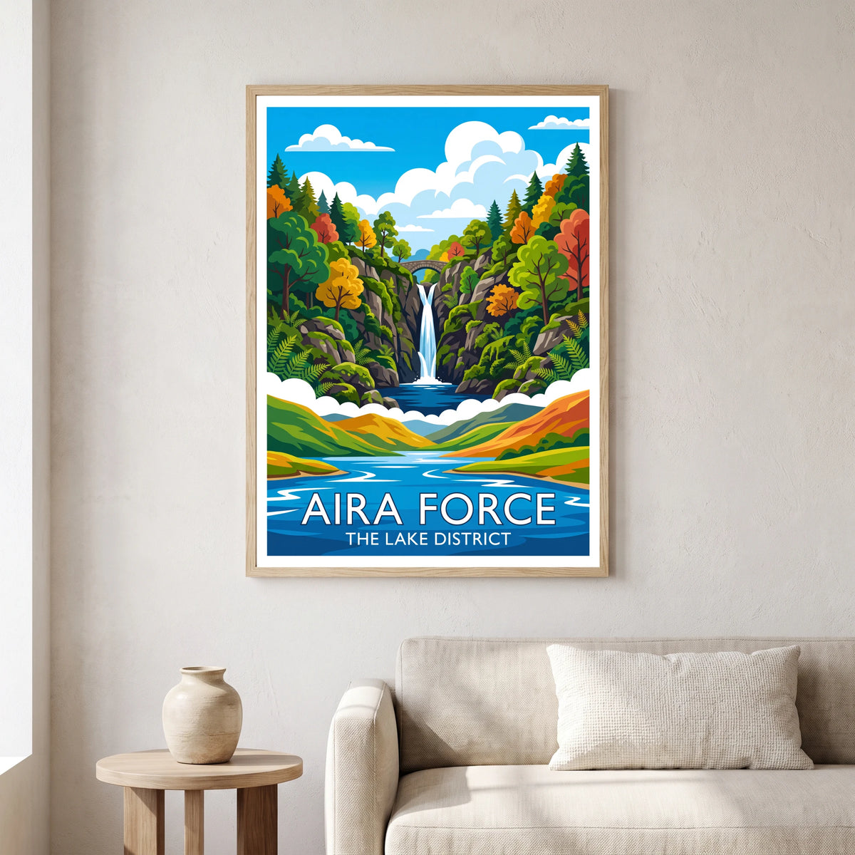 Aira Force travel poster in a natural frame, hanging in a living