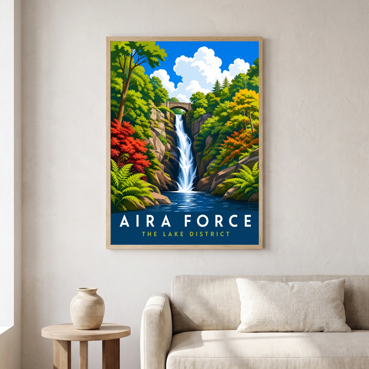 Aira Force travel poster in a natural frame, hanging in a living