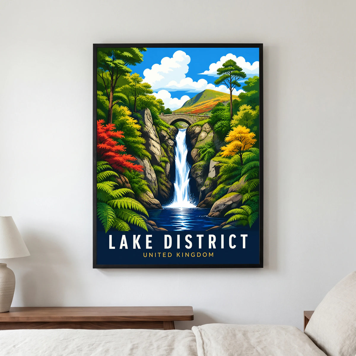 Aira Force travel poster in a black frame, hanging in a bedroom3