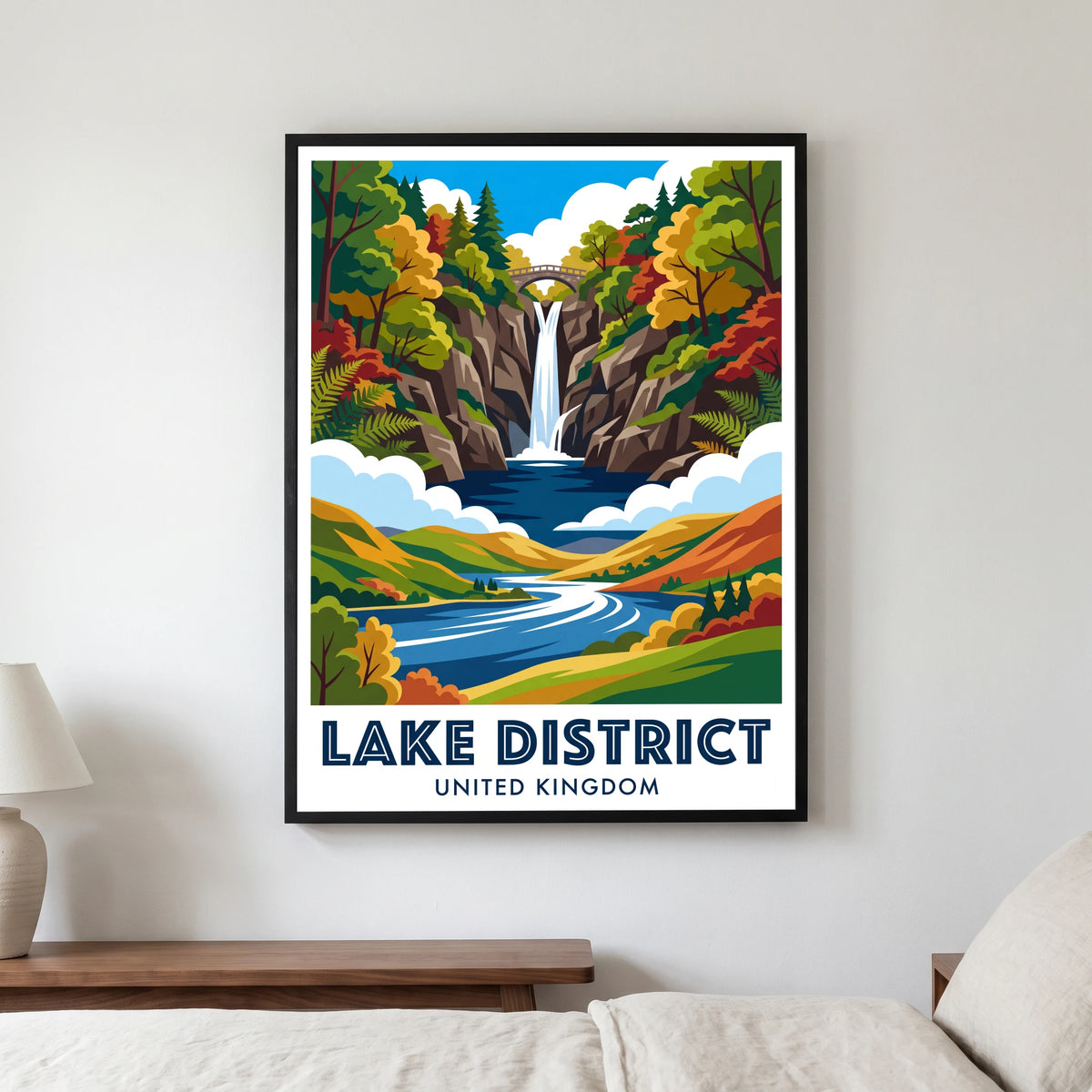 Aira Force travel poster in a black frame, hanging in a bedroom3