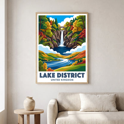 Aira Force travel poster in a natural frame, hanging in a living