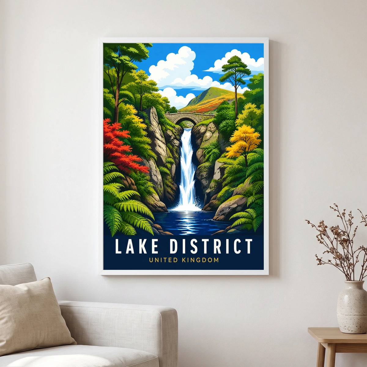 Aira Force travel poster in a white frame, hanging in a living2