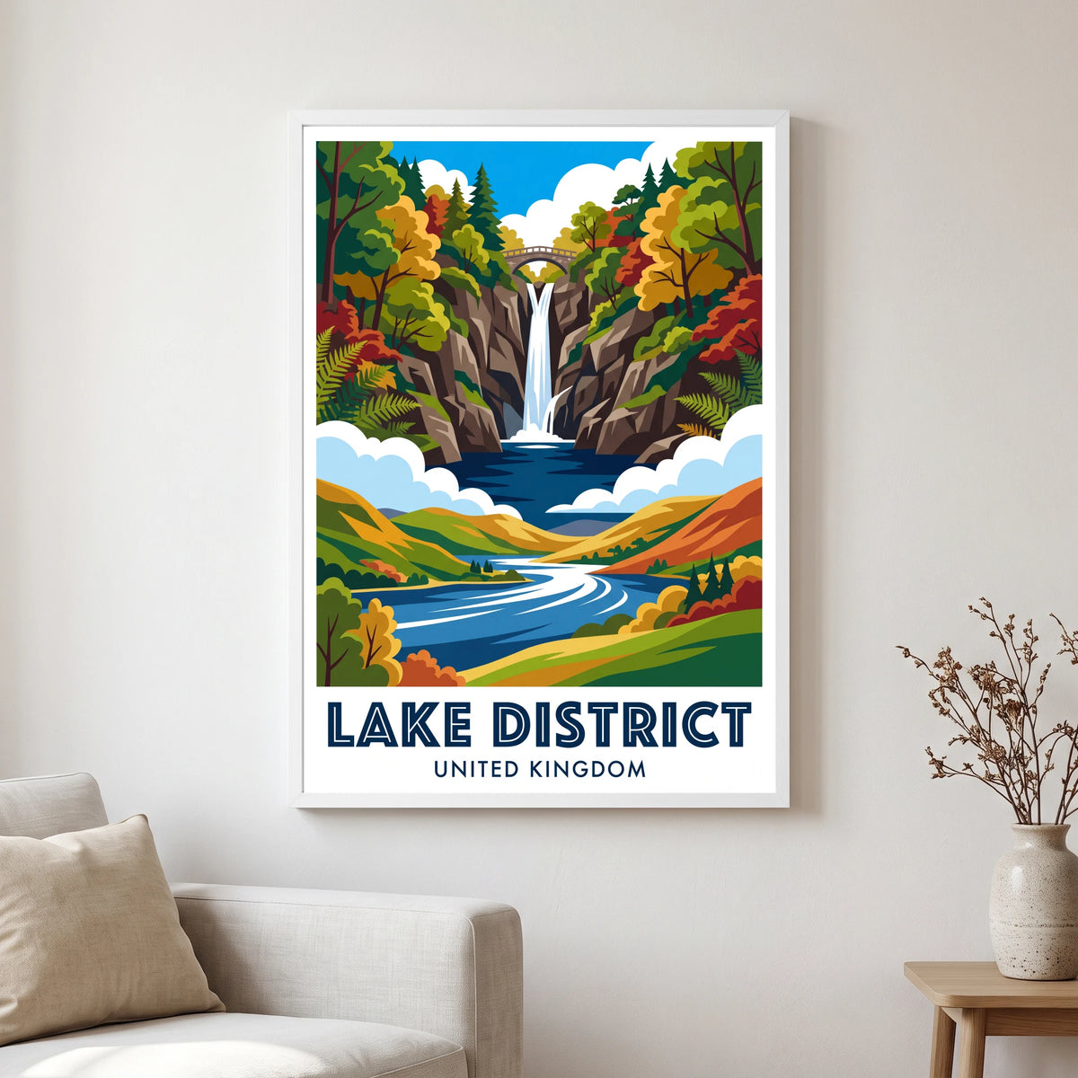 Aira Force travel poster in a white frame, hanging in a living2