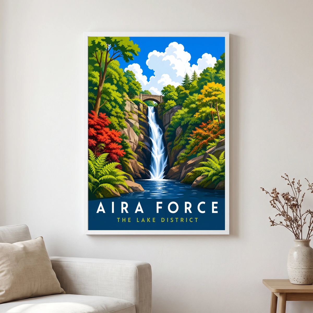 Aira Force travel poster in a white frame, hanging in a living2