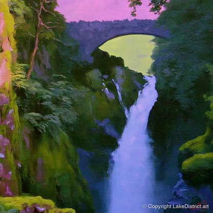 Aira Force Waterfall Magenta Sky - lake district waterfall art print and canvas by Edmund Thatcher A.I