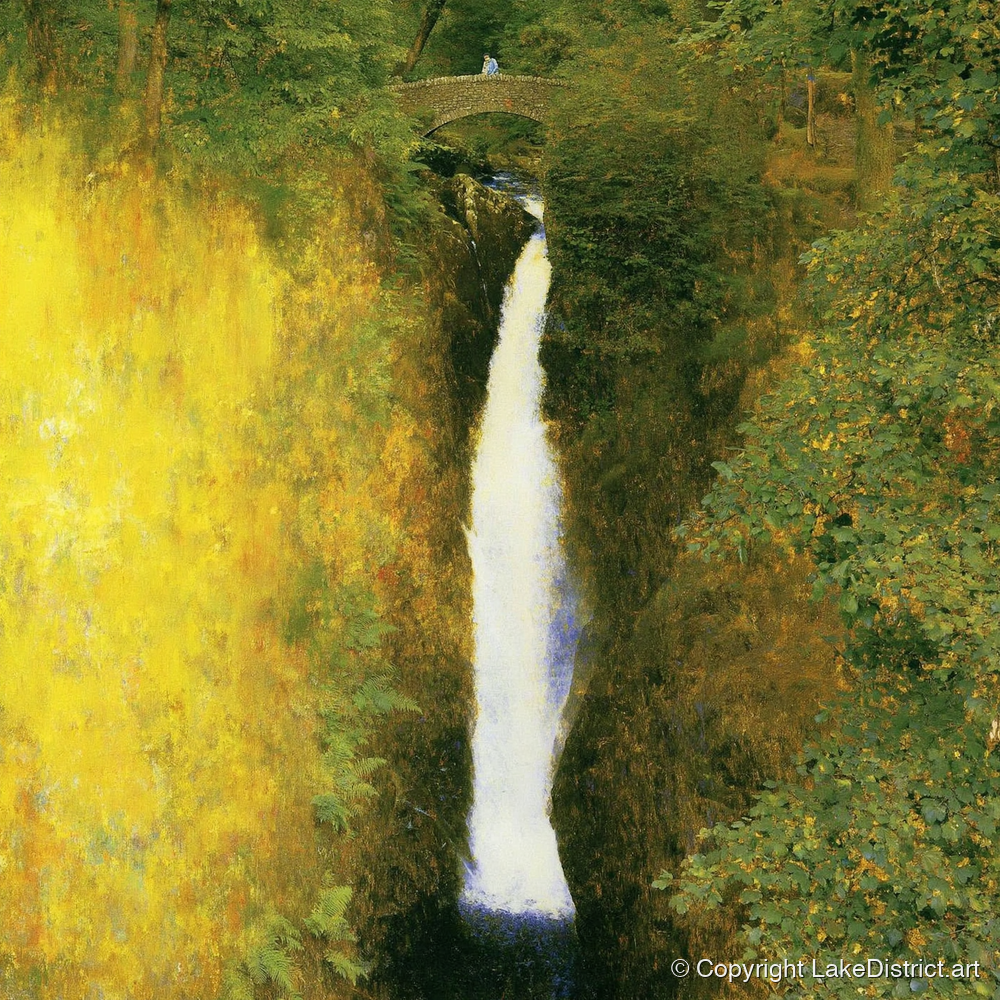 Aira Force Waterfall Sunlit Gorge - lake district waterfall art print and canvas by Harrison Blythe A.I