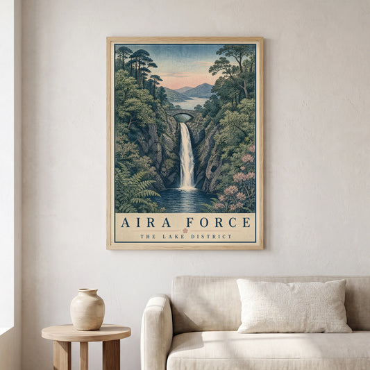 Aira Force travel poster in a natural frame, hanging in a living