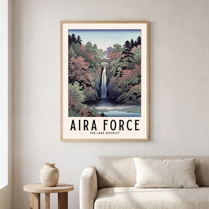 Aira Force travel poster in a natural frame, hanging in a living
