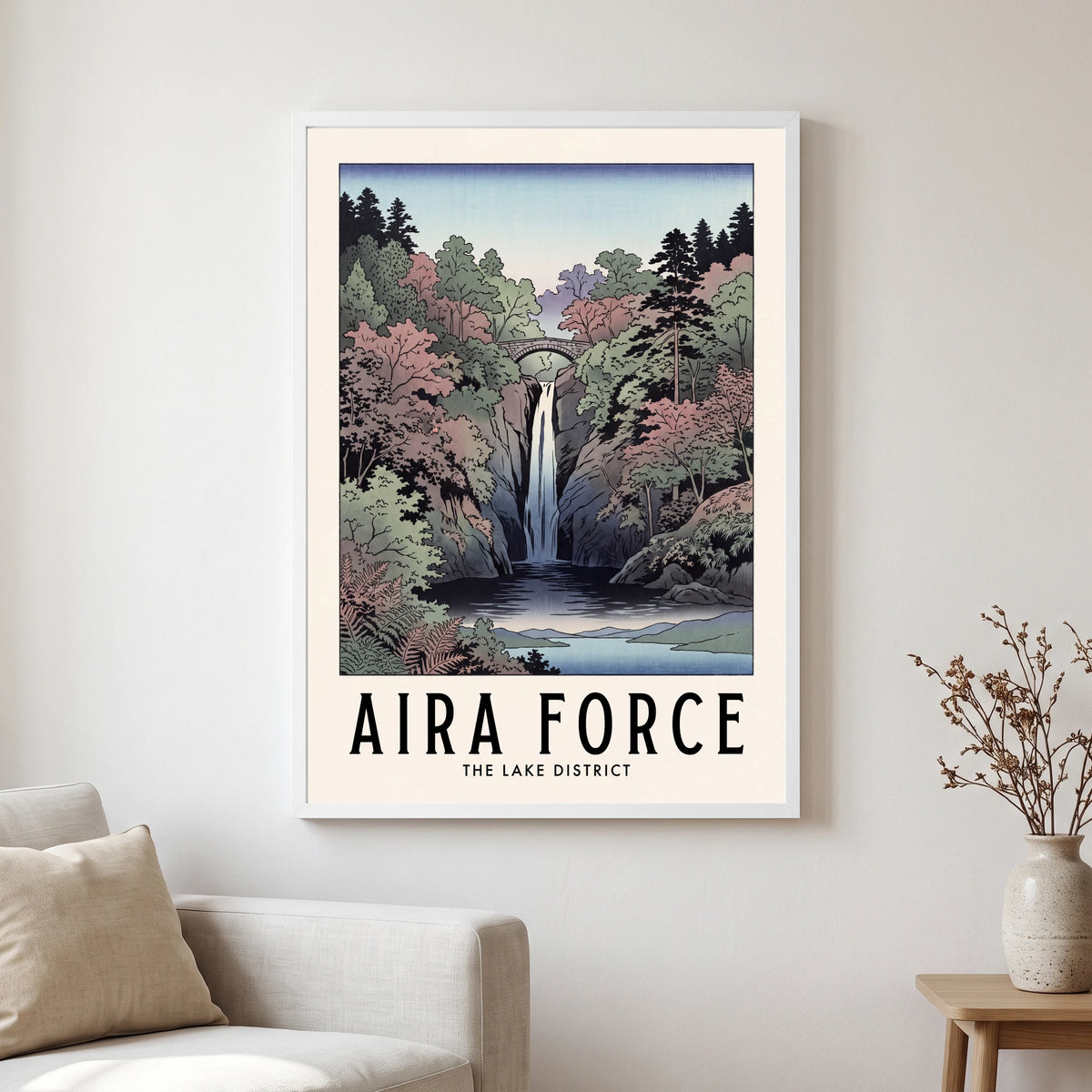 Aira Force travel poster in a white frame, hanging in a living2