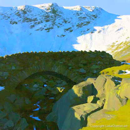 Allen Crags Winter Stone Bridge - lake district fell art print and canvas by Daphne Morley A.I