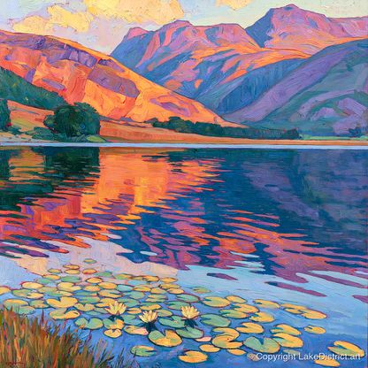 Amber Sunset Over Lily Tarn - lake district lake art print and canvas by Celia Harding A.I