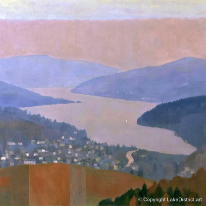 Ambleside and Lake in Pastel Dusk - lake district village art print and canvas by Alistair Thorne A.I