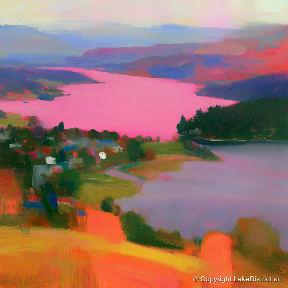 Ambleside Over Pink Waters - lake district village art print and canvas by Rosalind Pierce A.I
