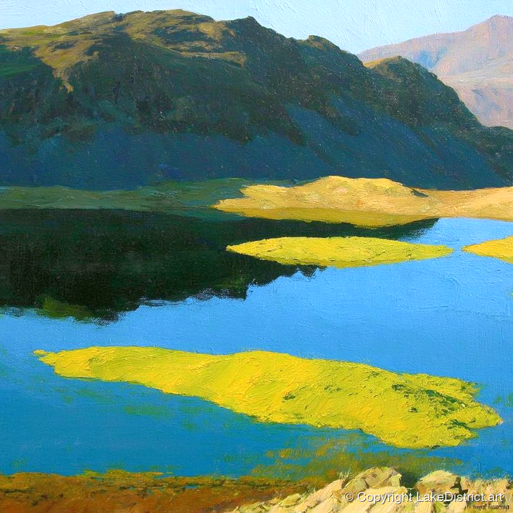 Angletarn Pikes Over Vibrant Islands - lake district fell art print and canvas by Daphne Morley A.I