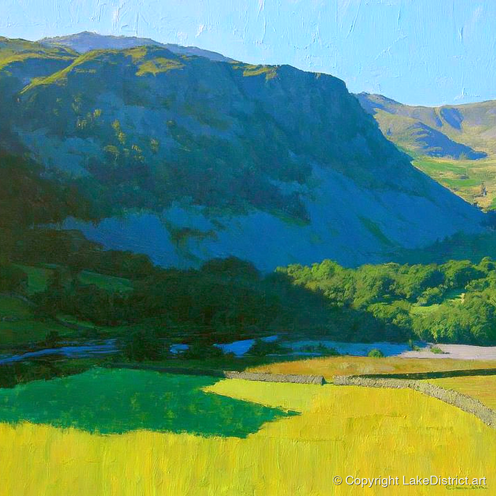 Arnison Crag Over Sunlit Fields - lake district fell art print and canvas by Daphne Morley A.I