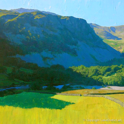 Arnison Crag Over Sunlit Fields - lake district fell art print and canvas by Daphne Morley A.I