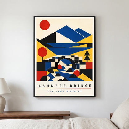 Ashness Bridge travel poster in a black frame, hanging in a bedroom3