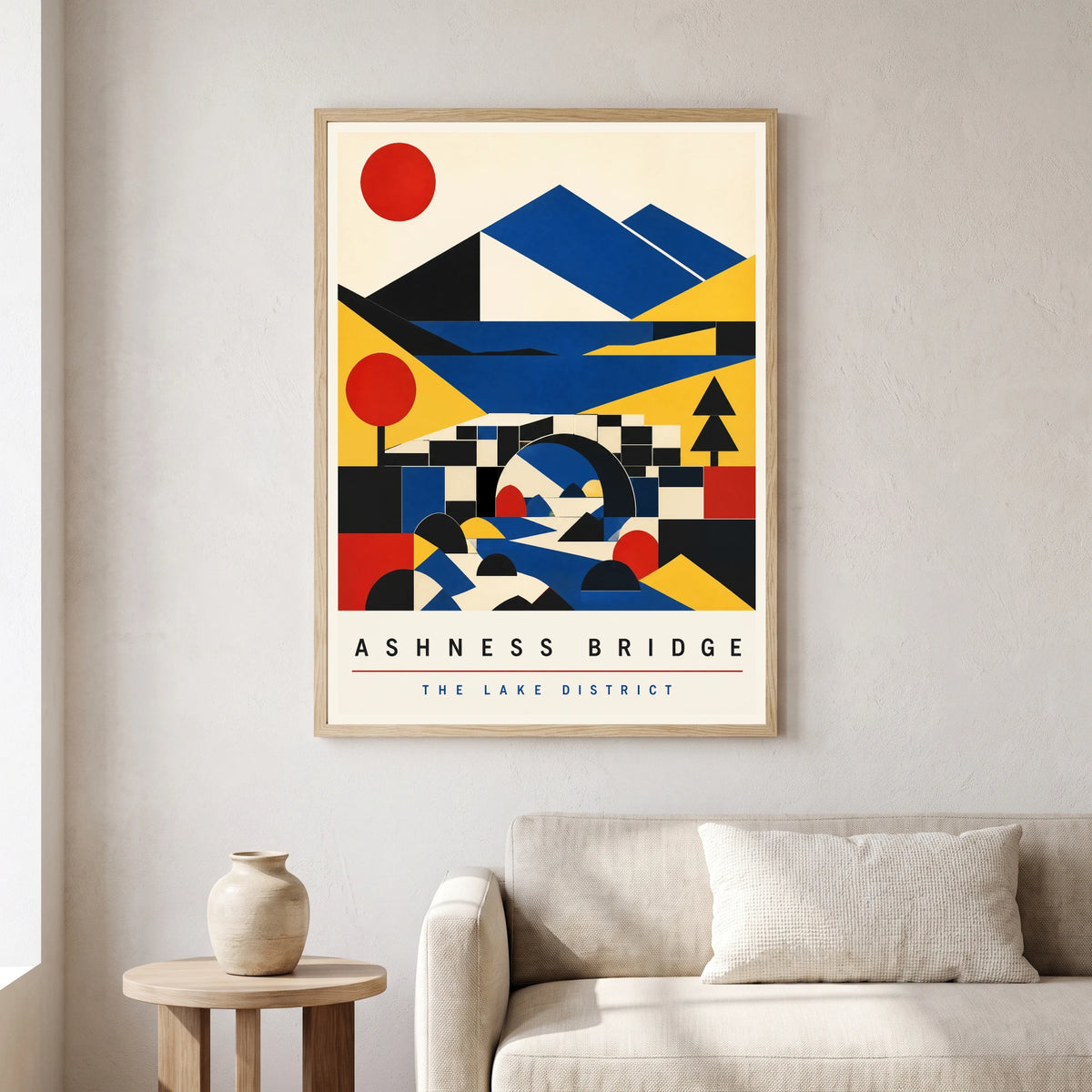 Ashness Bridge travel poster in a natural frame, hanging in a living