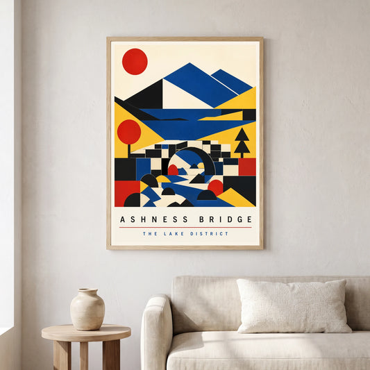 Ashness Bridge travel poster in a natural frame, hanging in a living