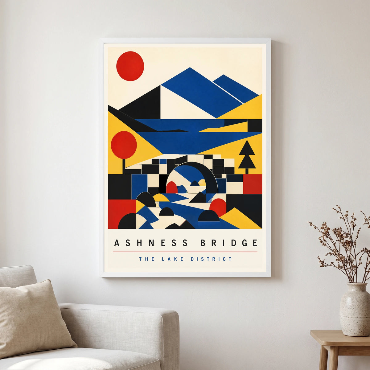 Ashness Bridge travel poster in a white frame, hanging in a living2