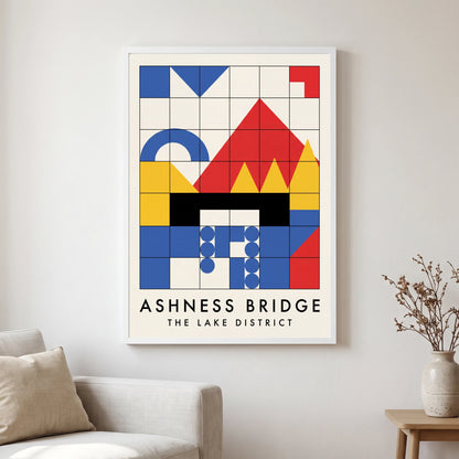 Ashness Bridge travel poster in a white frame, hanging in a living2