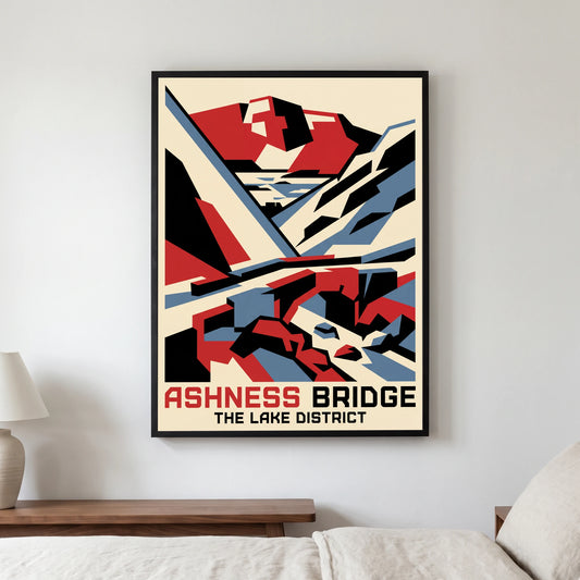 Ashness Bridge travel poster in a black frame, hanging in a bedroom3