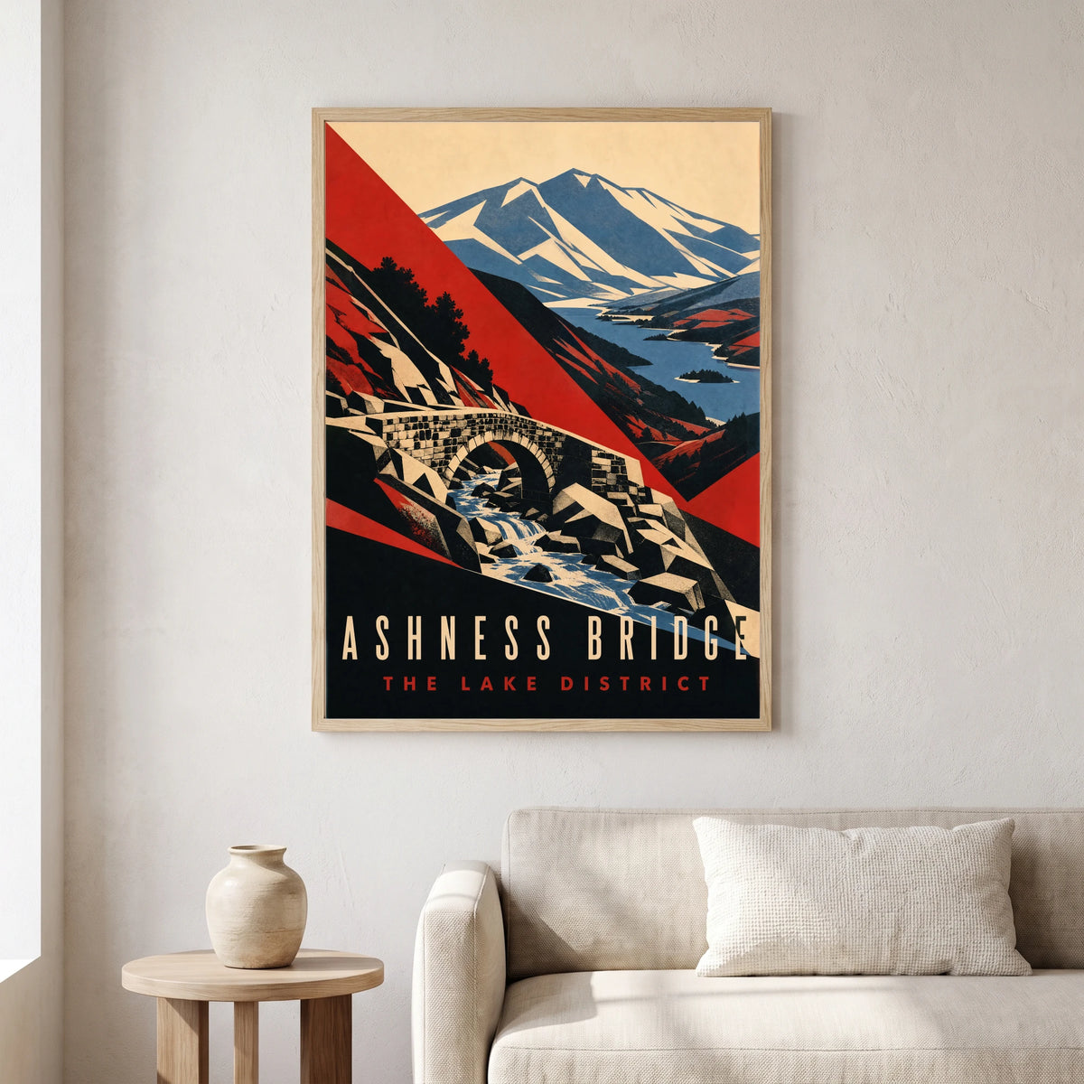 Ashness Bridge travel poster in a natural frame, hanging in a living