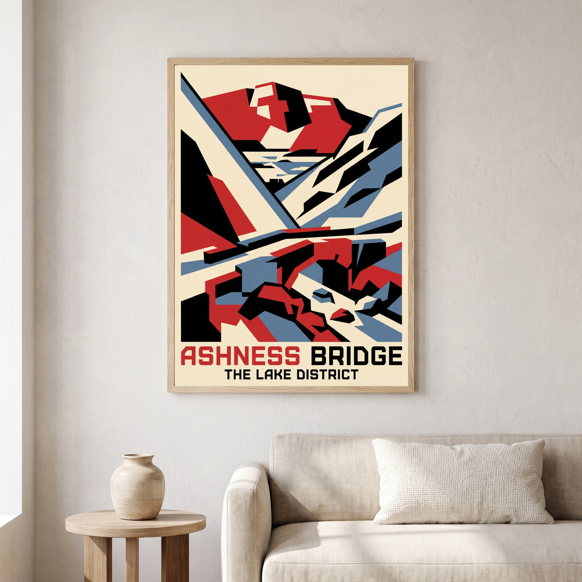 Ashness Bridge travel poster in a natural frame, hanging in a living
