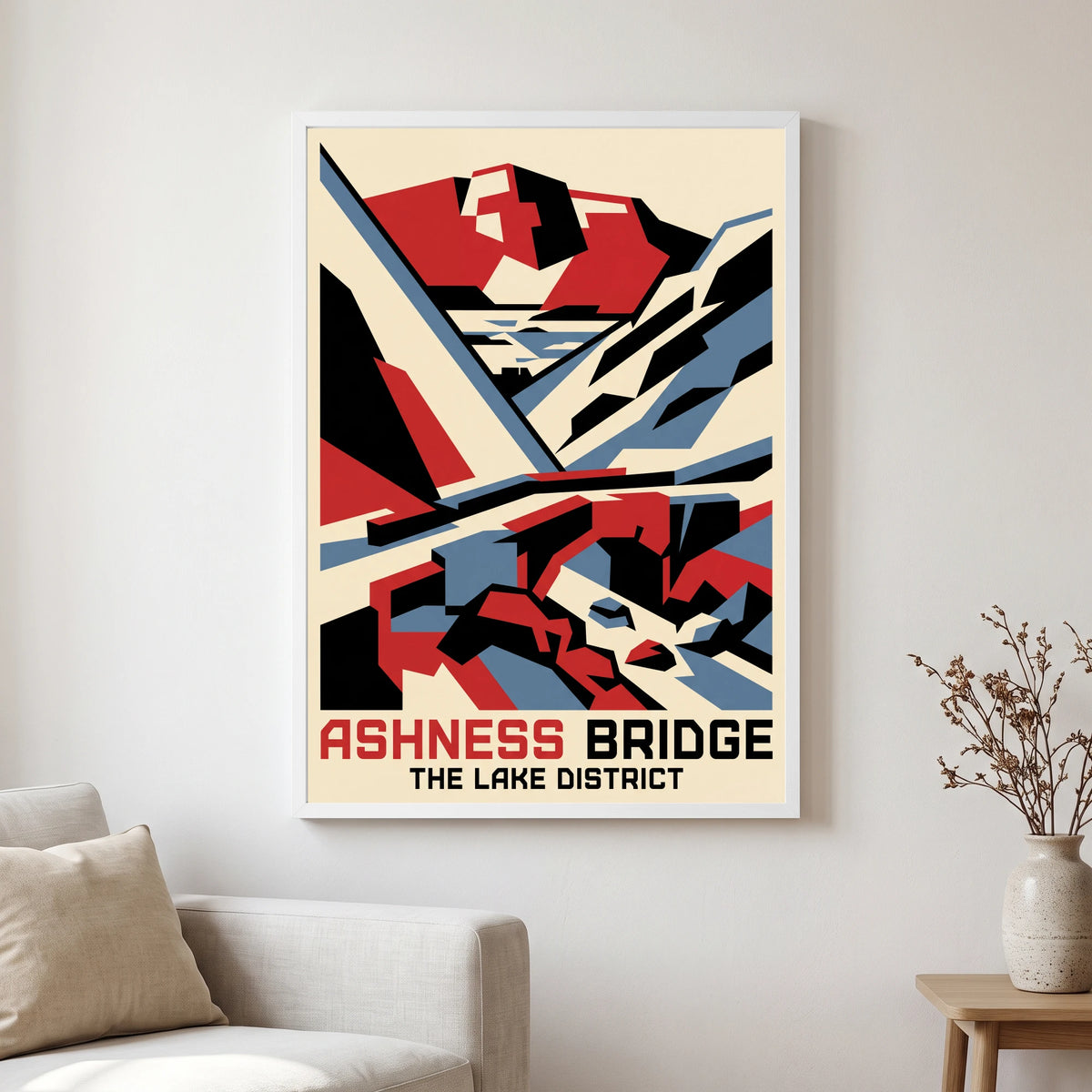 Ashness Bridge travel poster in a white frame, hanging in a living2