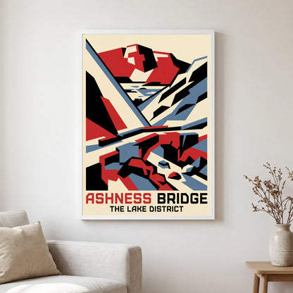 Ashness Bridge travel poster in a white frame, hanging in a living2
