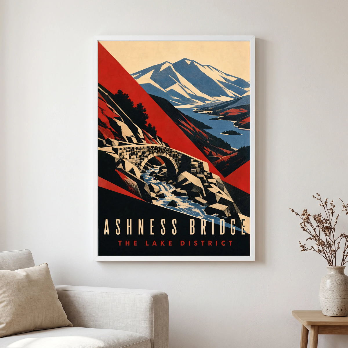 Ashness Bridge travel poster in a white frame, hanging in a living2