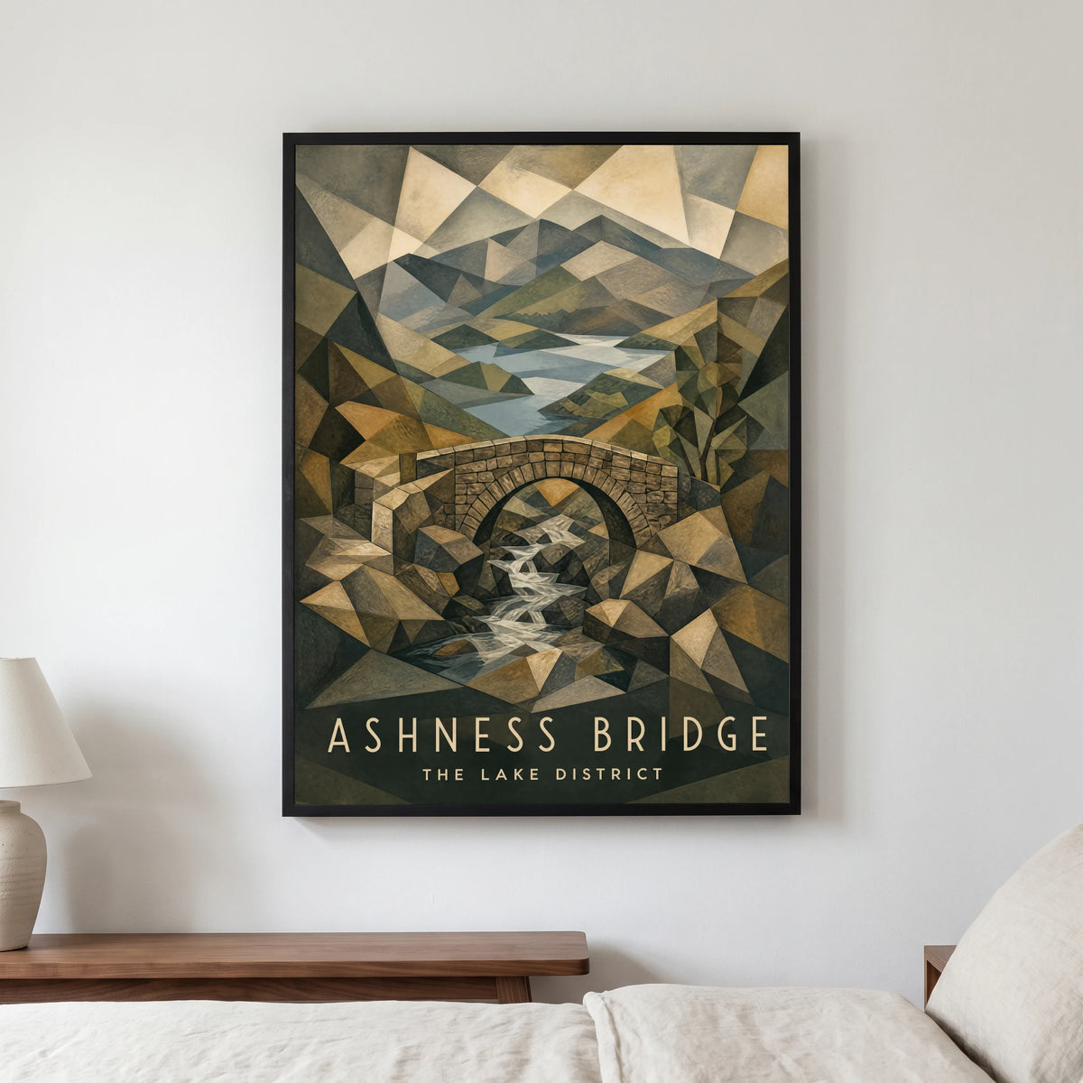 Ashness Bridge travel poster in a black frame, hanging in a bedroom3