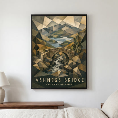 Ashness Bridge travel poster in a black frame, hanging in a bedroom3