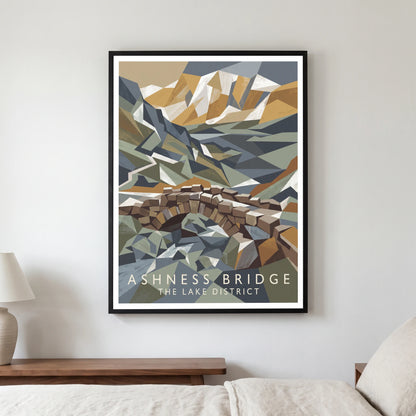 Ashness Bridge travel poster in a black frame, hanging in a bedroom3