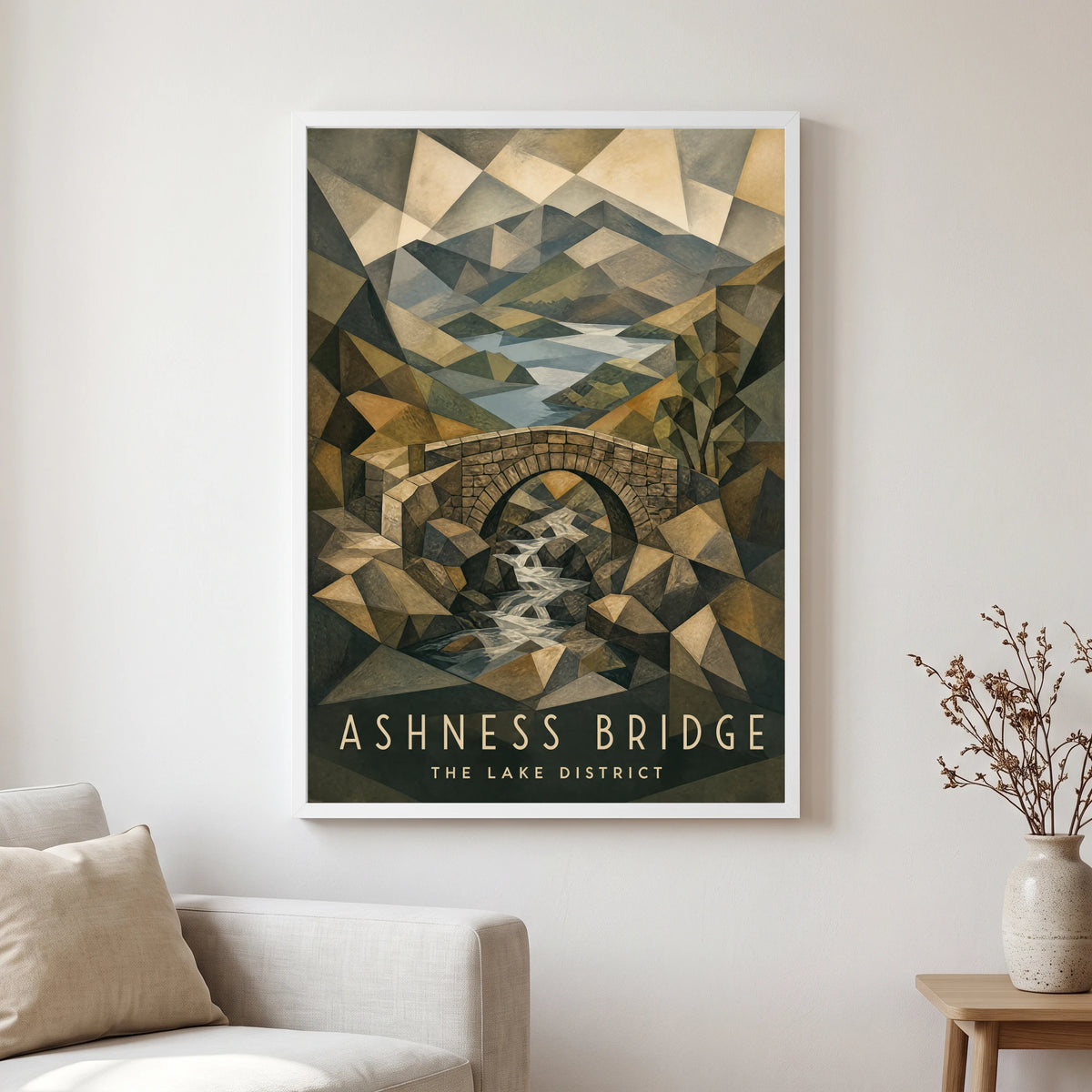 Ashness Bridge travel poster in a white frame, hanging in a living2