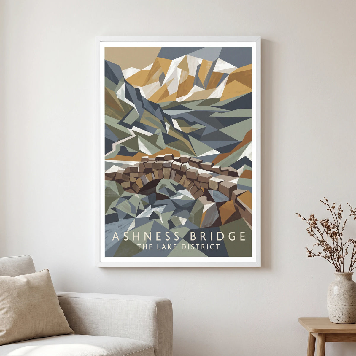 Ashness Bridge travel poster in a white frame, hanging in a living2
