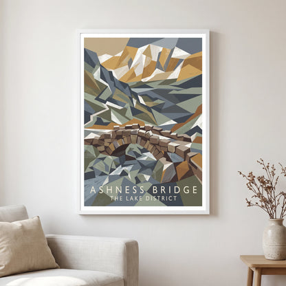 Ashness Bridge travel poster in a white frame, hanging in a living2