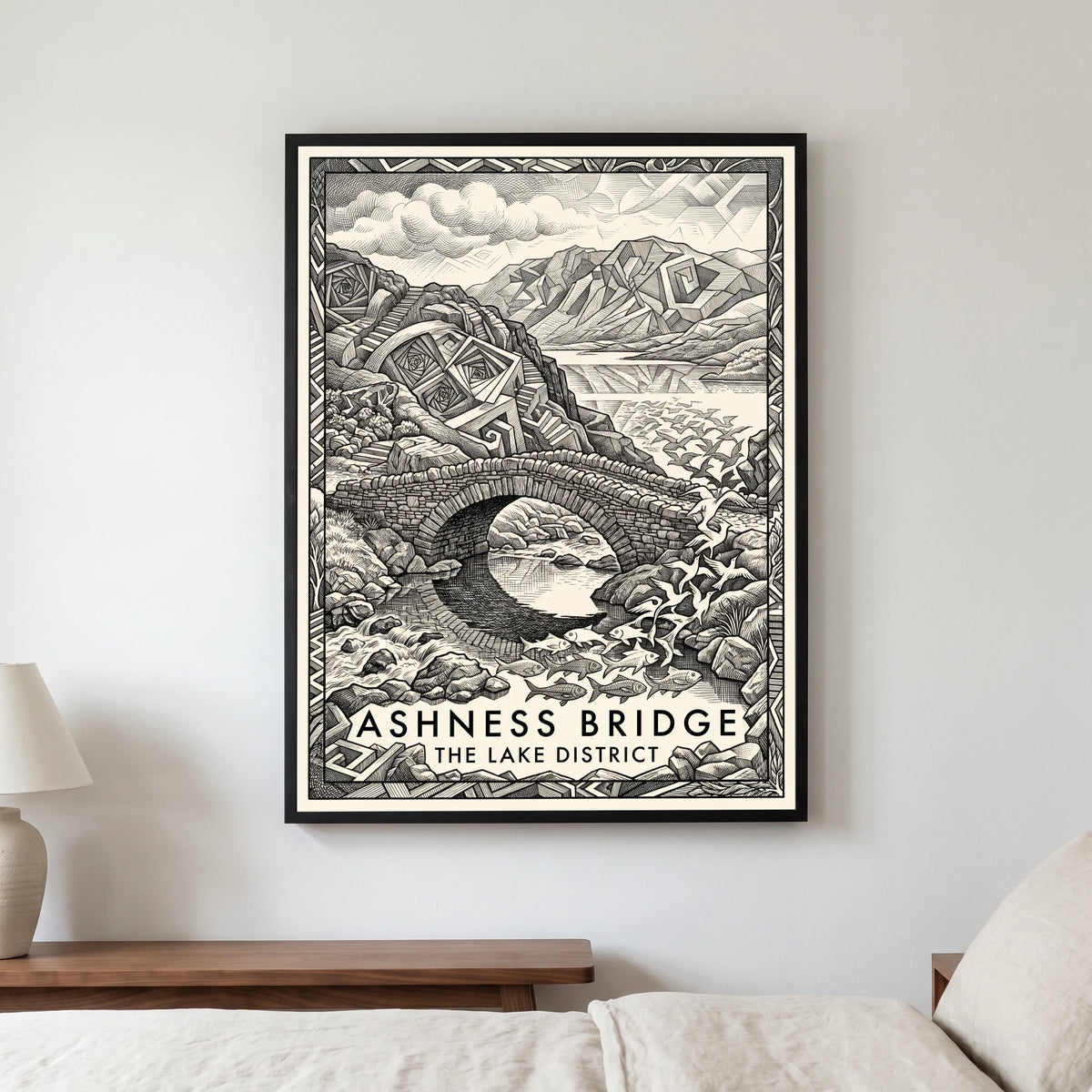 Ashness Bridge travel poster in a black frame, hanging in a bedroom3