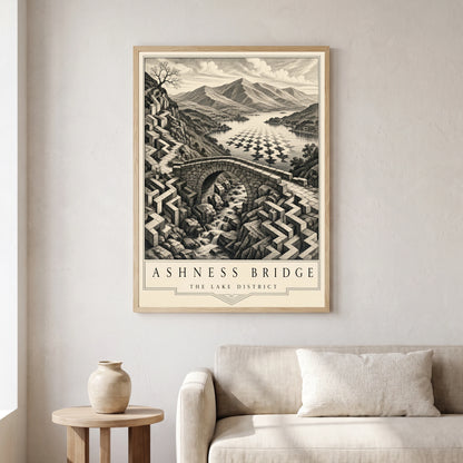 Ashness Bridge travel poster in a natural frame, hanging in a living